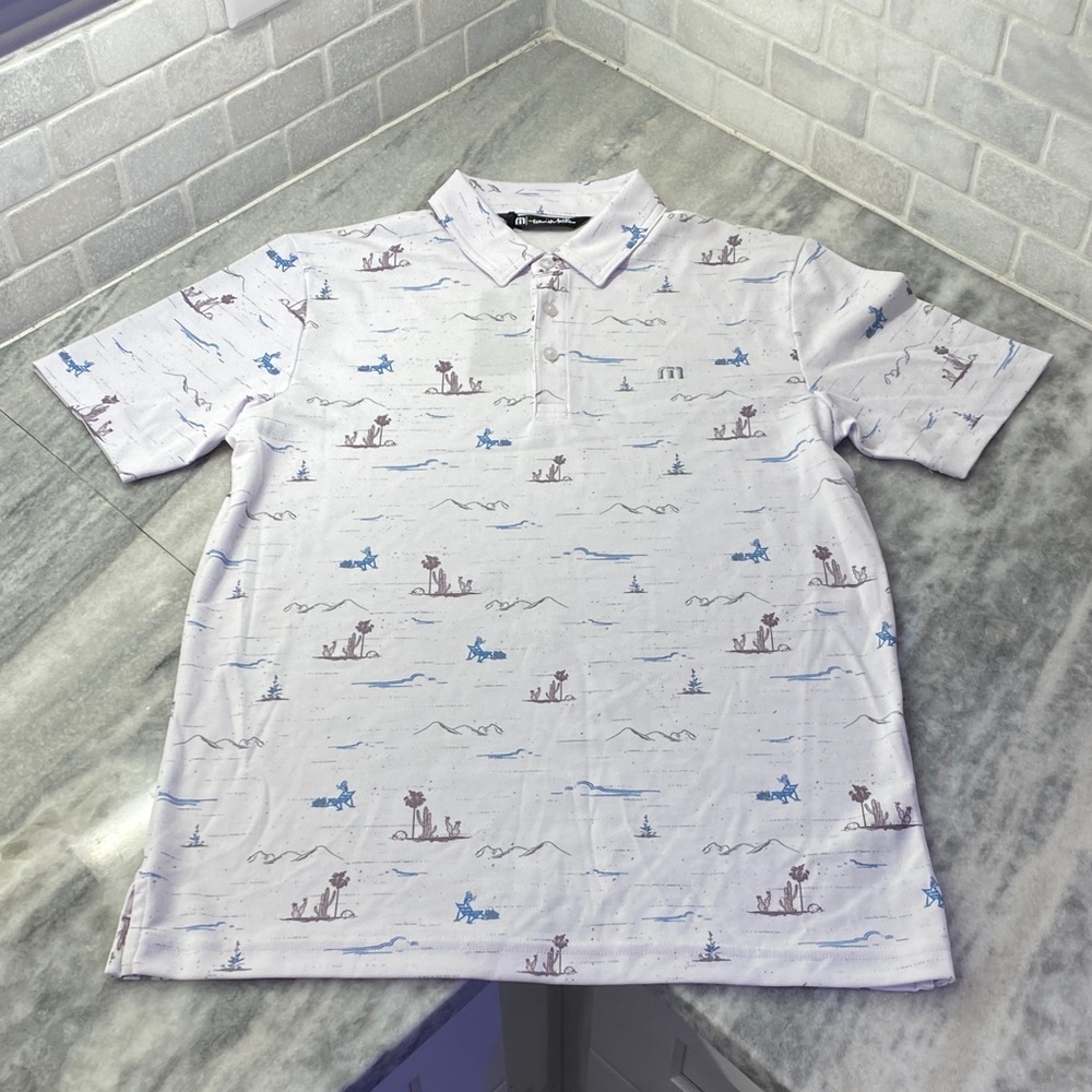 Travis Mathew White Polo with Blue and Grey Print
